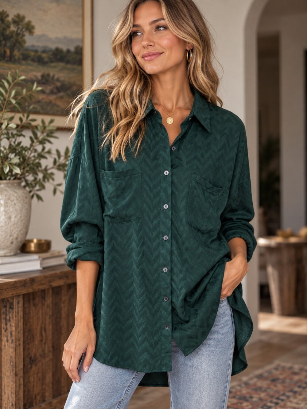 APRICOT Button Down Shirt Womens Size Small Green Jacquard Oversized